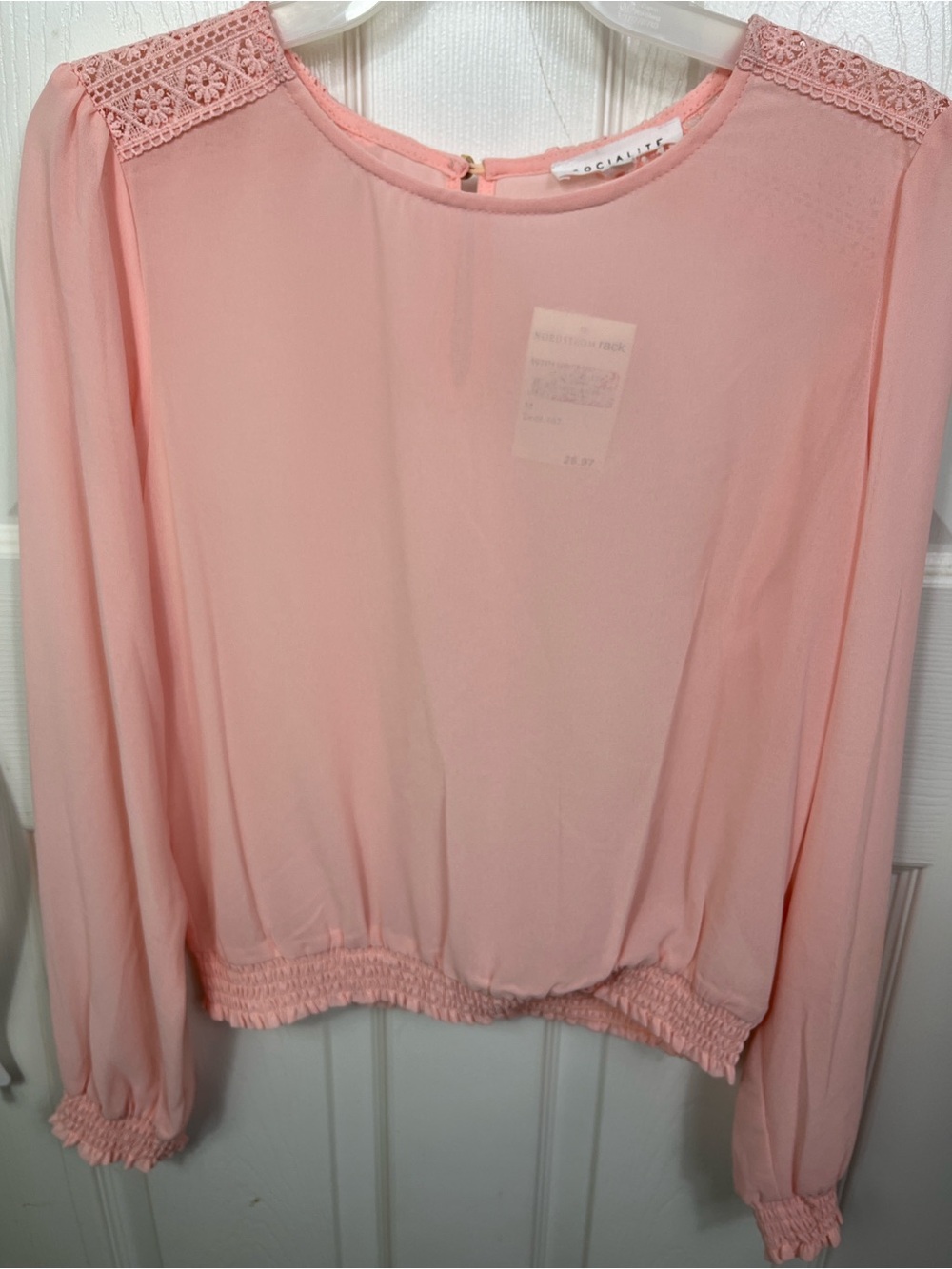 Socialite Pink Lace Trim Smocked Waist Chiffon Blouse Medium